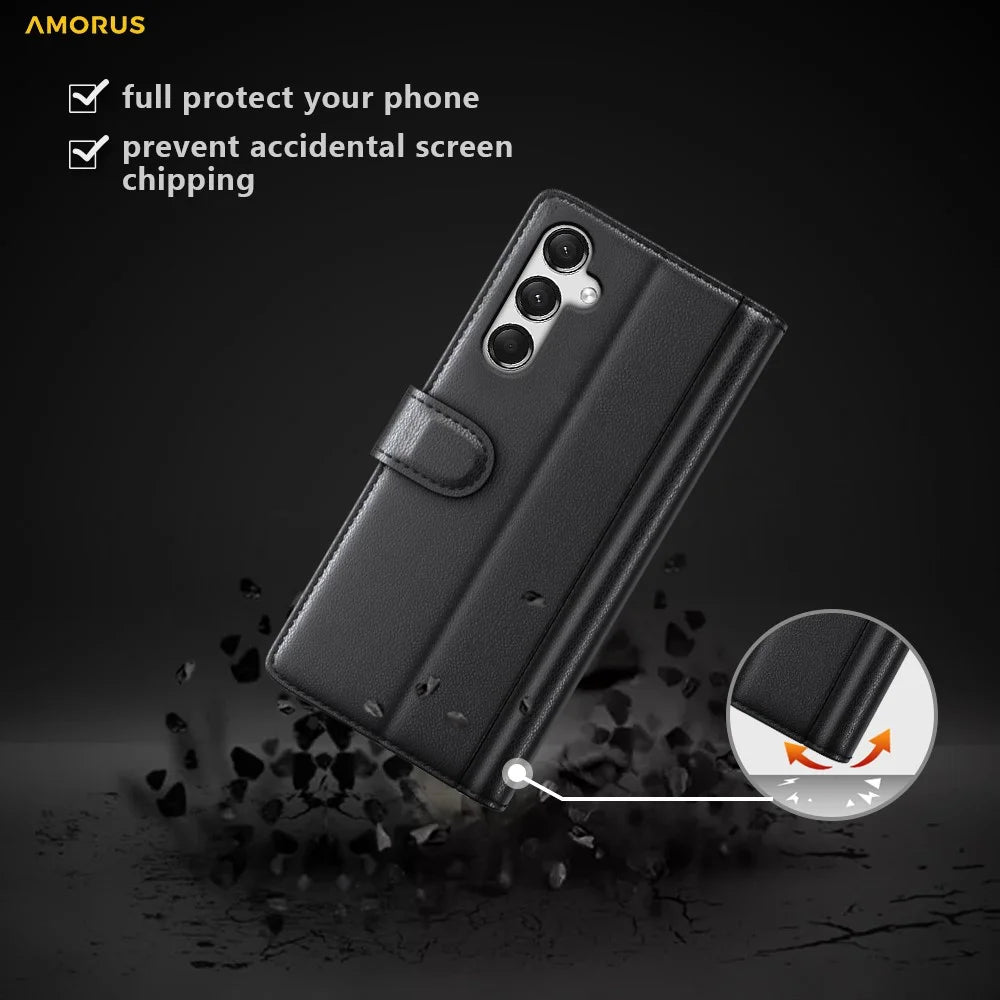 AMORUS For Samsung Galaxy A25 5G (Global) (161mm) Stand Cases Calf Texture Genuine Split Leather Wallet Phone Cover - Black - 4