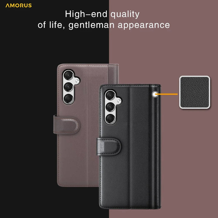AMORUS For Samsung Galaxy A25 5G (Global) (161mm) Stand Cases Calf Texture Genuine Split Leather Wallet Phone Cover - Black - 5