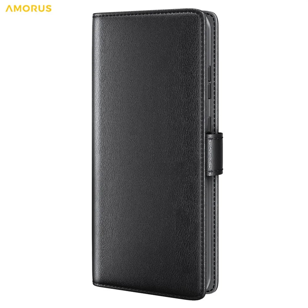 AMORUS For Samsung Galaxy A25 5G (Global) (161mm) Stand Cases Calf Texture Genuine Split Leather Wallet Phone Cover - Black - 6