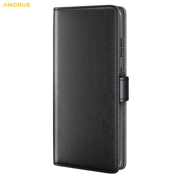 AMORUS For Samsung Galaxy A25 5G (Global) (161mm) Stand Cases Calf Texture Genuine Split Leather Wallet Phone Cover - Black - 6