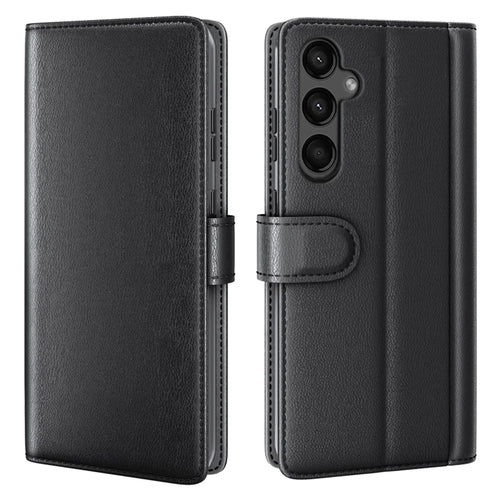 AMORUS For Samsung Galaxy A15 5G Stand Cases Calf Texture Genuine Split Leather Wallet Phone Cover - Black - 1