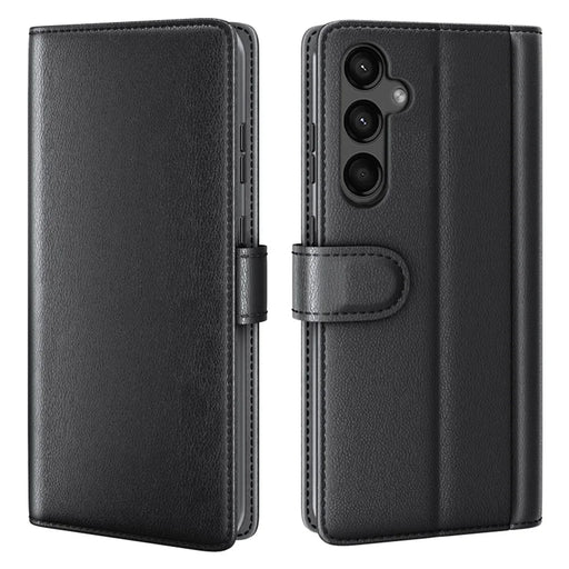 AMORUS For Samsung Galaxy A15 5G Stand Cases Calf Texture Genuine Split Leather Wallet Phone Cover - Black - 1