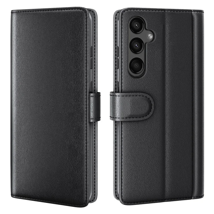 AMORUS For Samsung Galaxy A15 5G Stand Cases Calf Texture Genuine Split Leather Wallet Phone Cover - Black - 1
