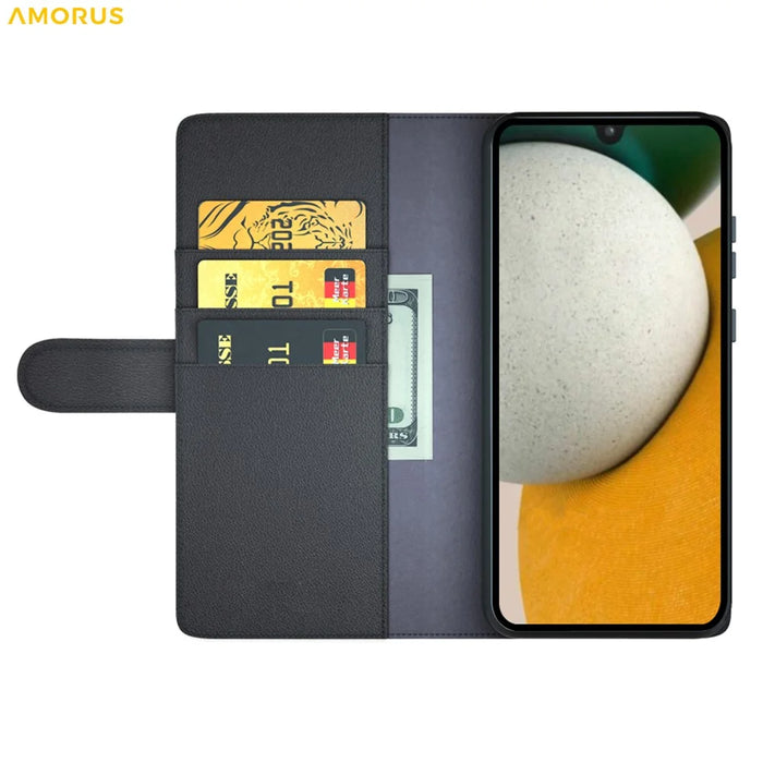AMORUS For Samsung Galaxy A15 5G Stand Cases Calf Texture Genuine Split Leather Wallet Phone Cover - Black - 2