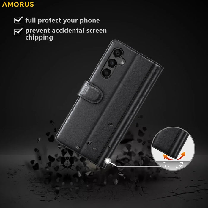 AMORUS For Samsung Galaxy A15 5G Stand Cases Calf Texture Genuine Split Leather Wallet Phone Cover - Black - 5