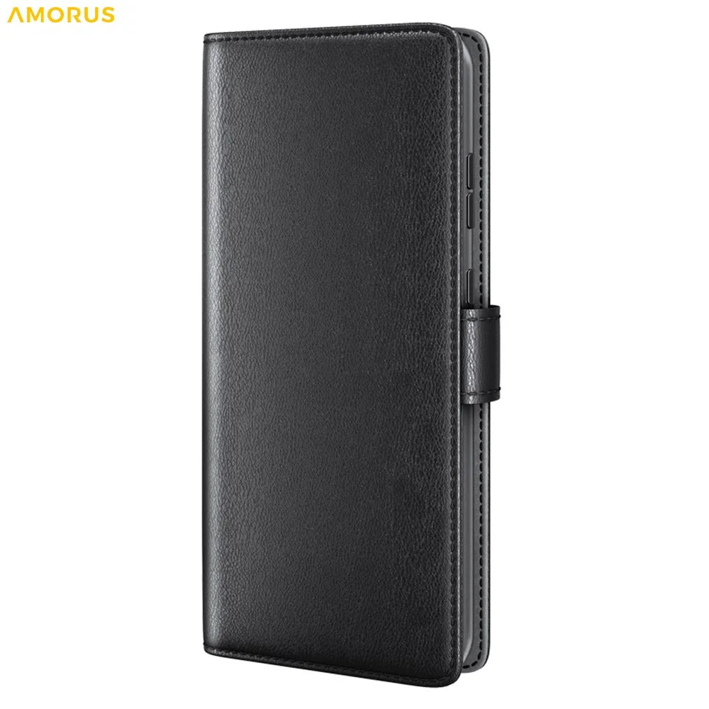 AMORUS For Samsung Galaxy A15 5G Stand Cases Calf Texture Genuine Split Leather Wallet Phone Cover - Black - 6