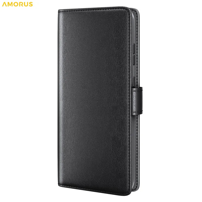 AMORUS For Samsung Galaxy A15 5G Stand Cases Calf Texture Genuine Split Leather Wallet Phone Cover - Black - 6