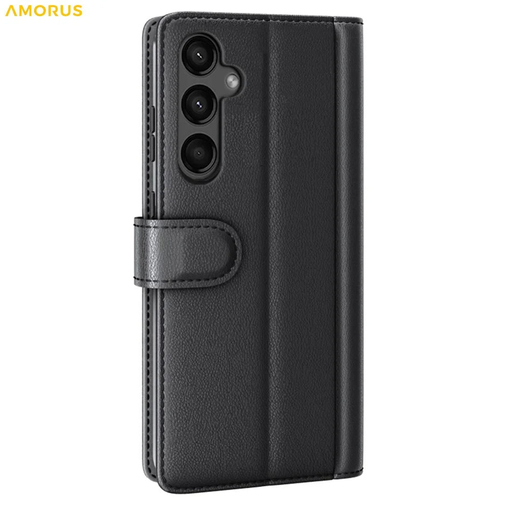 AMORUS For Samsung Galaxy A15 5G Stand Cases Calf Texture Genuine Split Leather Wallet Phone Cover - Black - 7