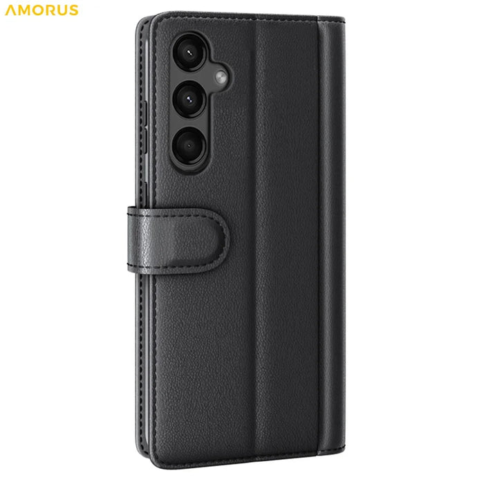 AMORUS For Samsung Galaxy A15 5G Stand Cases Calf Texture Genuine Split Leather Wallet Phone Cover - Black - 7