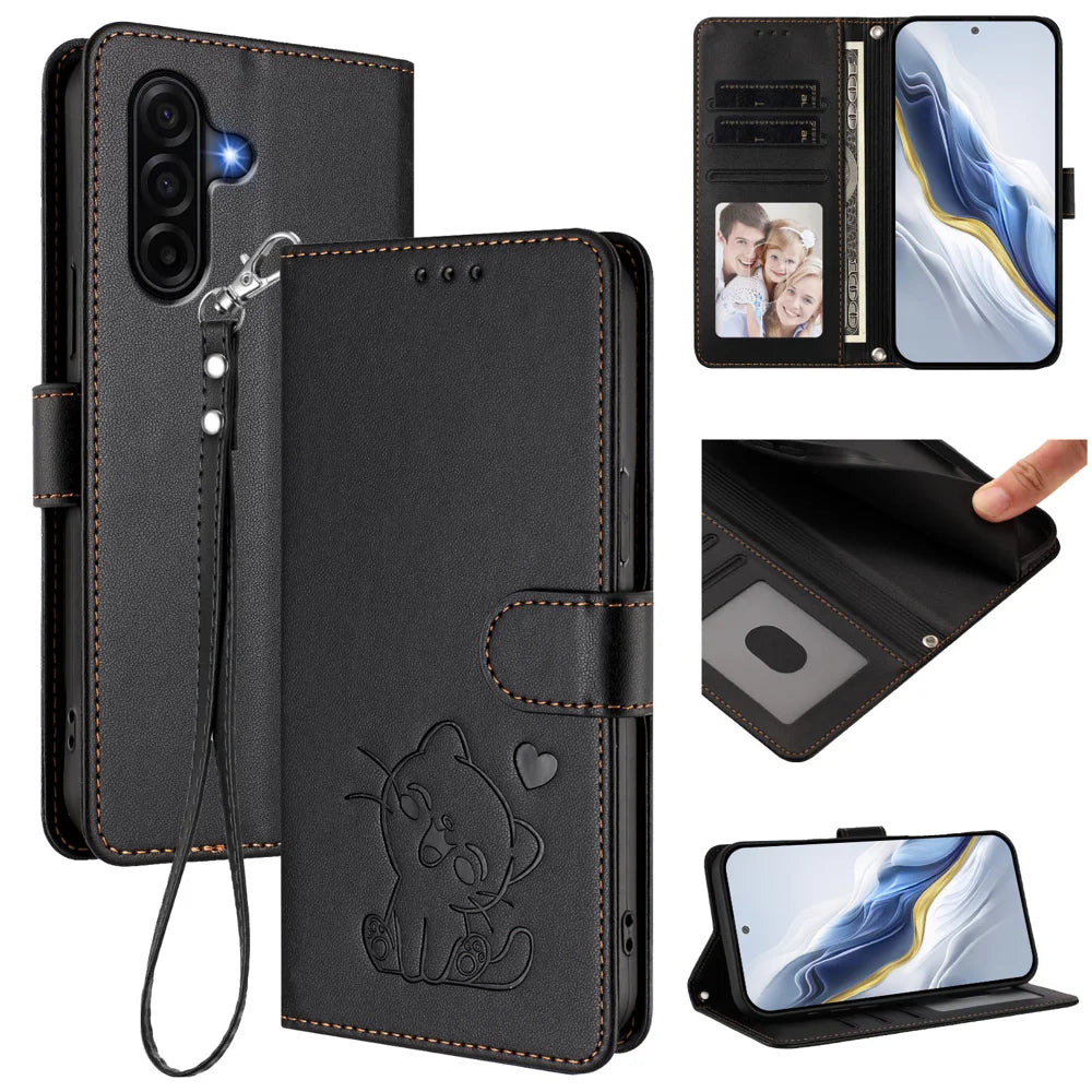 For Samsung Galaxy A37 5G / A36 5G / A56 5G Wallet Case with Wrist Strap Love Cat Pattern Imprint Leather Phone Cover - Black - 2