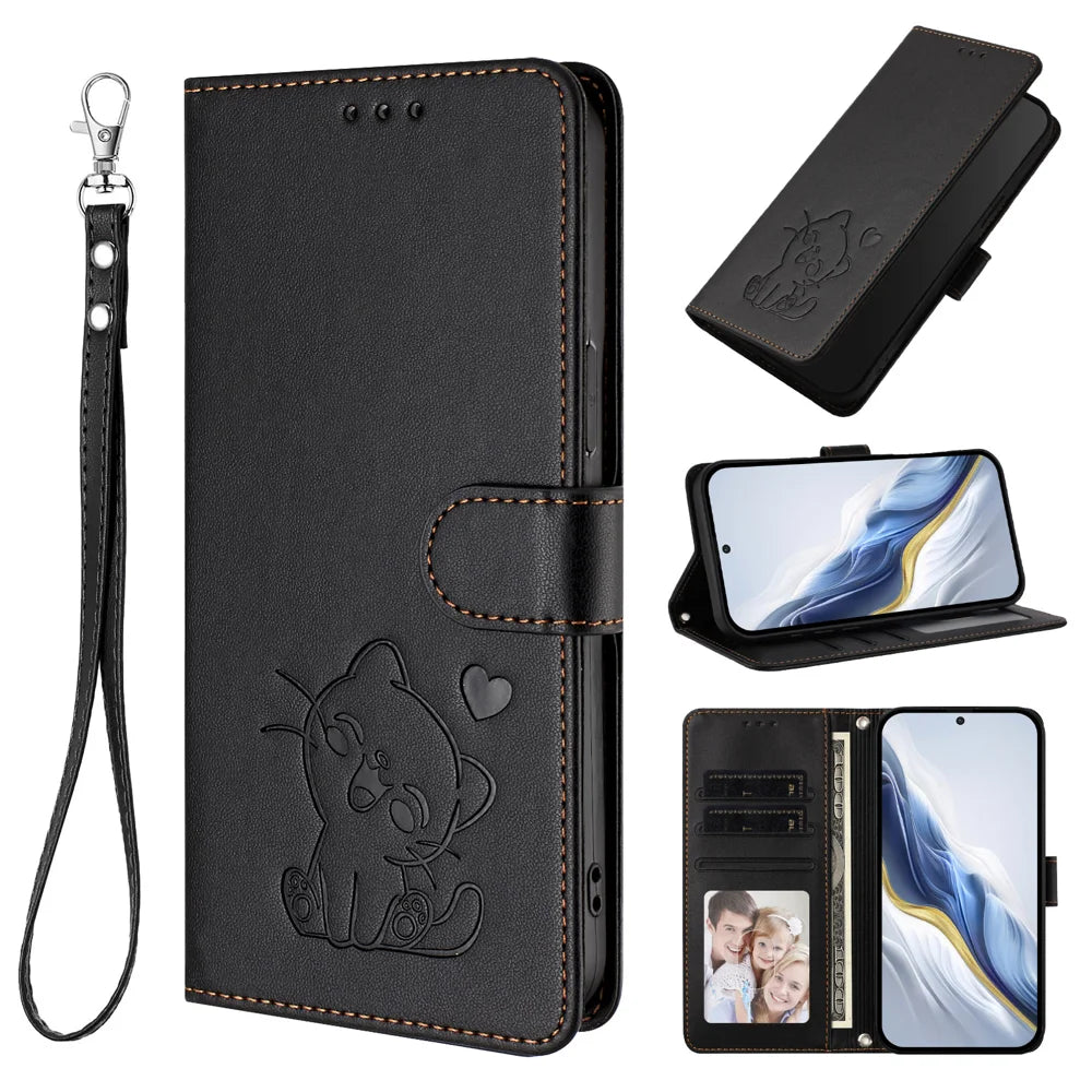 For Samsung Galaxy A37 5G / A36 5G / A56 5G Wallet Case with Wrist Strap Love Cat Pattern Imprint Leather Phone Cover - Black - 4