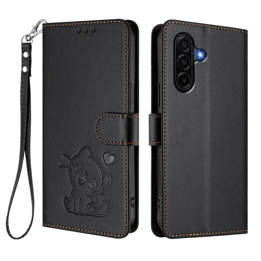 For Samsung Galaxy A57 5G Wallet Case with Wrist Strap Love Cat Pattern Imprint Leather Phone Cover - Black - 1