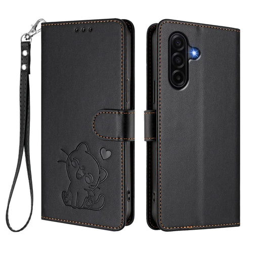 For Samsung Galaxy A57 5G Wallet Case with Wrist Strap Love Cat Pattern Imprint Leather Phone Cover - Black - 1