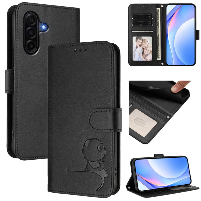 For Samsung Galaxy A57 5G Case Panda Imprint RFID Blocking Wallet Leather Phone Cover with Wrist Strap - Black - 1