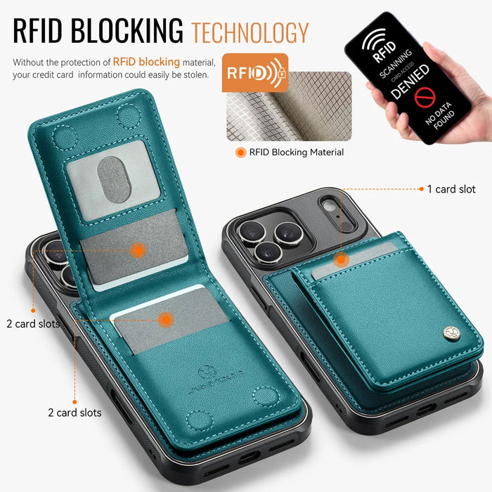 JEEHOOD For iPhone 17 Pro Leather Back Cover  J06 Magnetic Phone Case with Card Bag RFID Blocking - Blue - 2