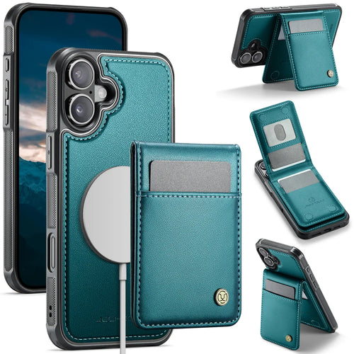 JEEHOOD For iPhone 17 Leather Back Cover  J06 Magnetic Phone Case with Card Bag RFID Blocking - Blue - 1