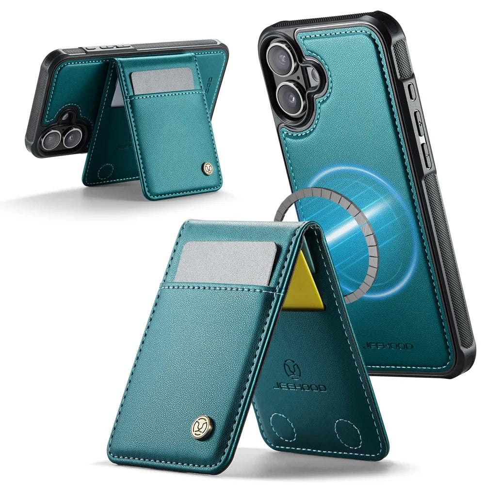 JEEHOOD For iPhone 17 Leather Back Cover  J06 Magnetic Phone Case with Card Bag RFID Blocking - Blue - 2