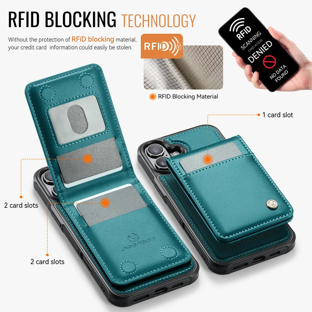 JEEHOOD For iPhone 17 Leather Back Cover  J06 Magnetic Phone Case with Card Bag RFID Blocking - Blue - 3