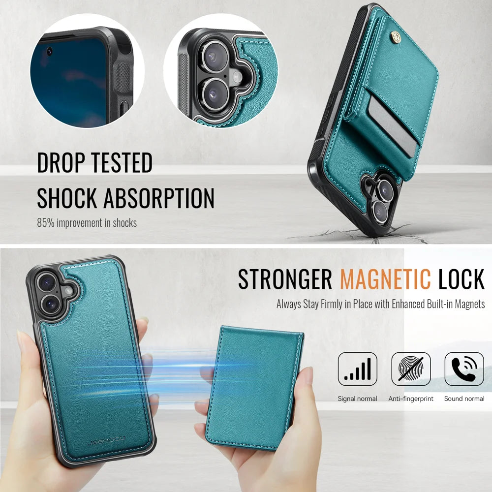 JEEHOOD For iPhone 17 Leather Back Cover  J06 Magnetic Phone Case with Card Bag RFID Blocking - Blue - 5