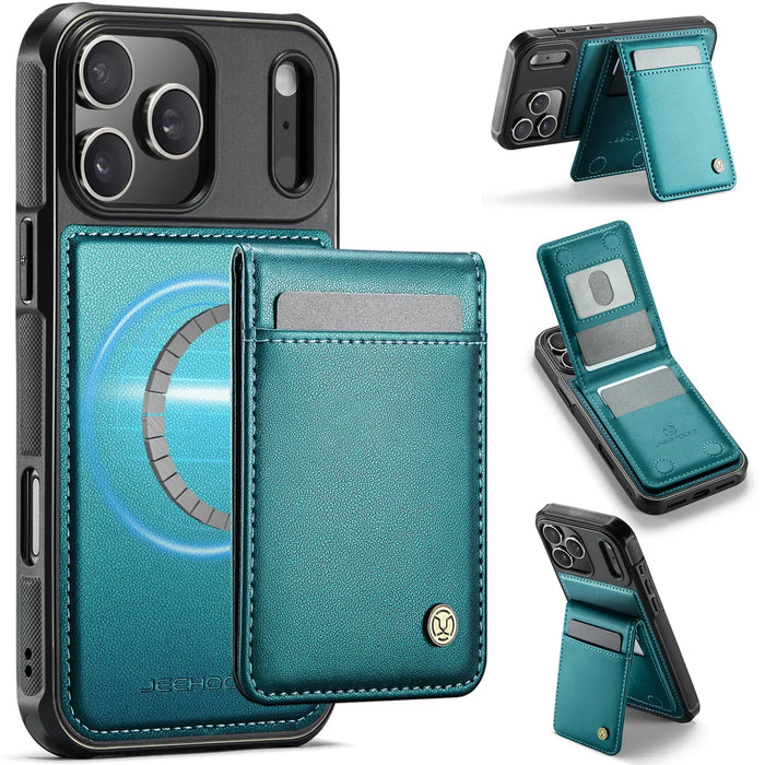 JEEHOOD For iPhone 17 Pro Max Leather Back Cover  J06 Magnetic Phone Case with Card Bag RFID Blocking - Blue - 1