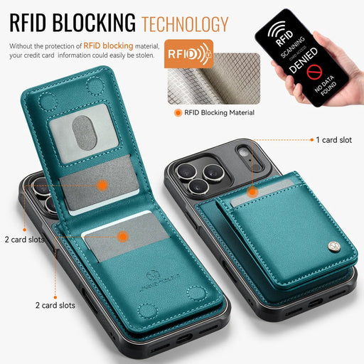 JEEHOOD For iPhone 17 Pro Max Leather Back Cover  J06 Magnetic Phone Case with Card Bag RFID Blocking - Blue - 2