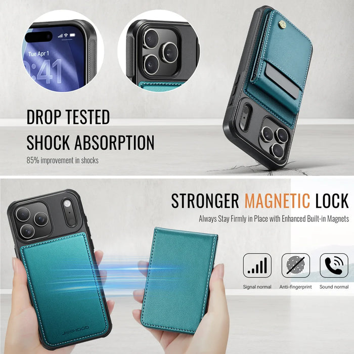 JEEHOOD For iPhone 17 Pro Max Leather Back Cover  J06 Magnetic Phone Case with Card Bag RFID Blocking - Blue - 3