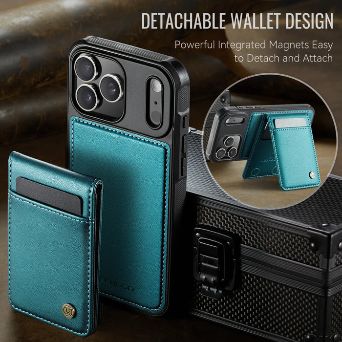JEEHOOD For iPhone 17 Pro Max Leather Back Cover  J06 Magnetic Phone Case with Card Bag RFID Blocking - Blue - 4