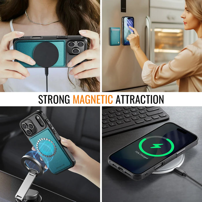 JEEHOOD For iPhone 17 Pro Max Leather Back Cover  J06 Magnetic Phone Case with Card Bag RFID Blocking - Blue - 6