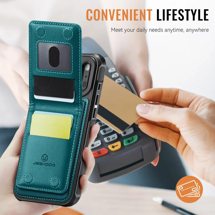 JEEHOOD For iPhone 17 Pro Max Leather Back Cover  J06 Magnetic Phone Case with Card Bag RFID Blocking - Blue - 7