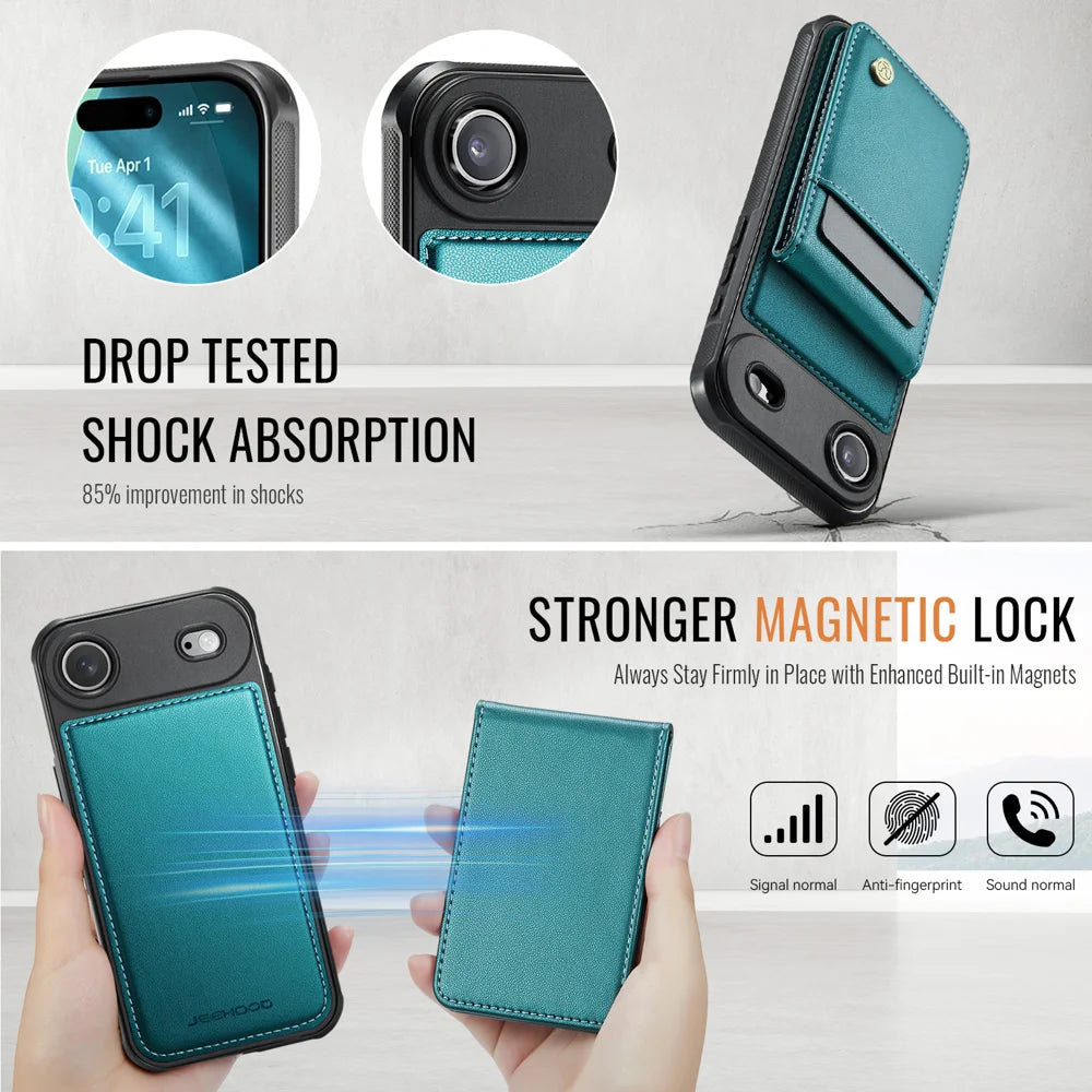 JEEHOOD For iPhone Air Leather Back Cover  J06 Magnetic Phone Case with Card Bag RFID Blocking - Blue - 3