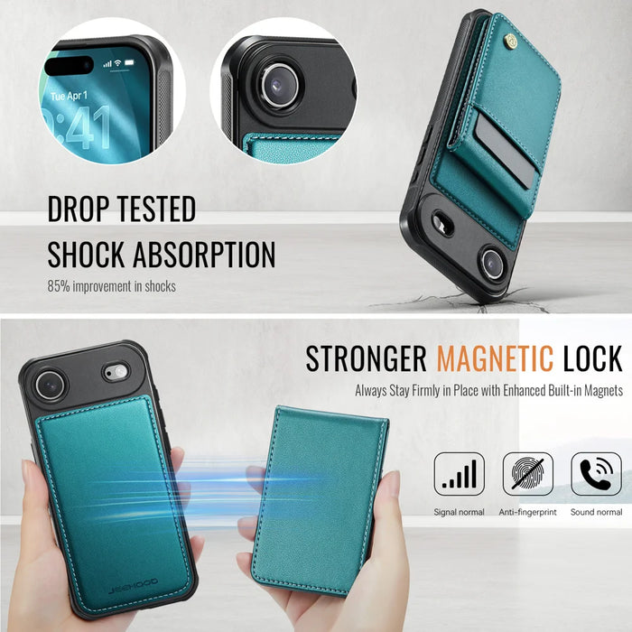 JEEHOOD For iPhone Air Leather Back Cover  J06 Magnetic Phone Case with Card Bag RFID Blocking - Blue - 3