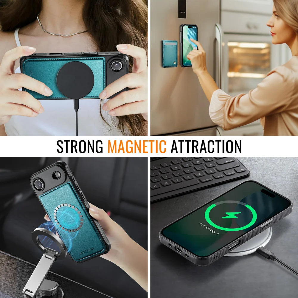JEEHOOD For iPhone Air Leather Back Cover  J06 Magnetic Phone Case with Card Bag RFID Blocking - Blue - 6