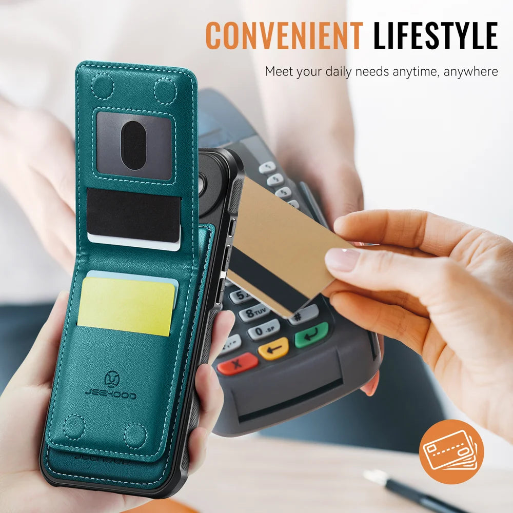 JEEHOOD For iPhone Air Leather Back Cover  J06 Magnetic Phone Case with Card Bag RFID Blocking - Blue - 7