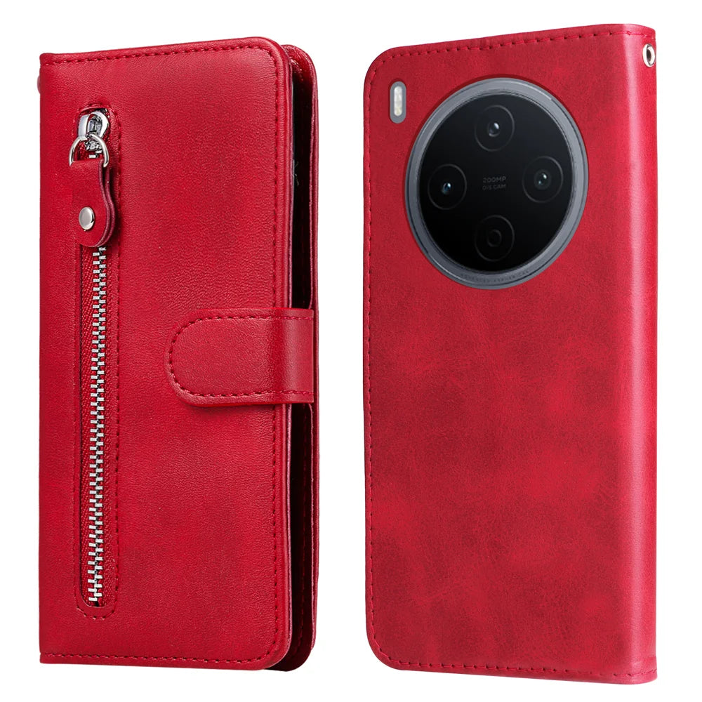 For vivo Y500 Pro 5G PU Leather Cases with Zipper Pocket Wallet Phone Cover Stand - Red - 1