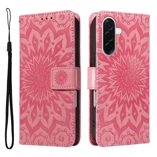 For Samsung Galaxy A37 5G Leather Wallet Case Sunflower Imprinted Phone Cover - Pink - 1