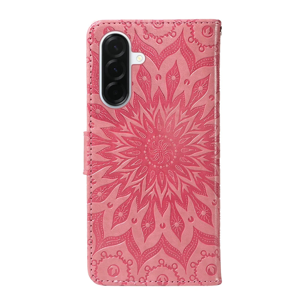 For Samsung Galaxy A37 5G Leather Wallet Case Sunflower Imprinted Phone Cover - Pink - 7