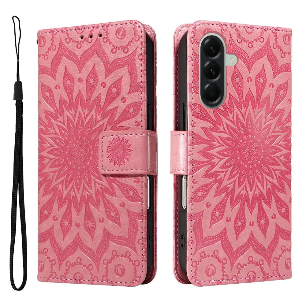 For Samsung Galaxy A57 5G Leather Wallet Case Sunflower Imprinted Phone Cover - Pink - 1