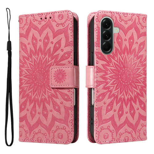 For Samsung Galaxy A57 5G Leather Wallet Case Sunflower Imprinted Phone Cover - Pink - 1