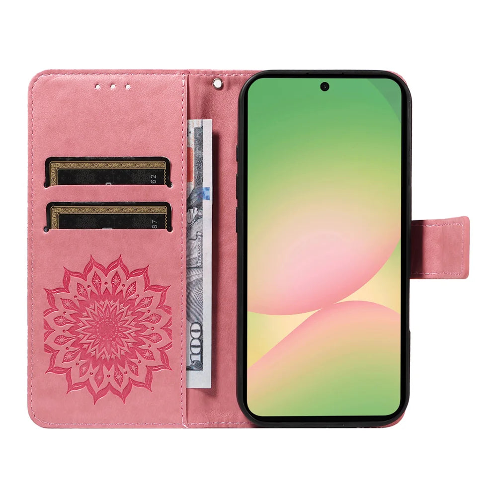 For Samsung Galaxy A57 5G Leather Wallet Case Sunflower Imprinted Phone Cover - Pink - 2