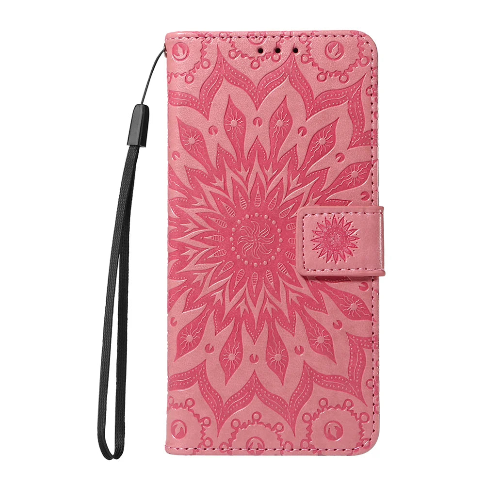 For Samsung Galaxy A57 5G Leather Wallet Case Sunflower Imprinted Phone Cover - Pink - 6