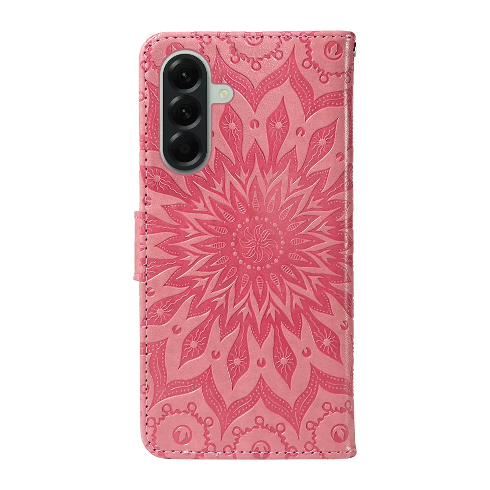 For Samsung Galaxy A57 5G Leather Wallet Case Sunflower Imprinted Phone Cover - Pink - 7
