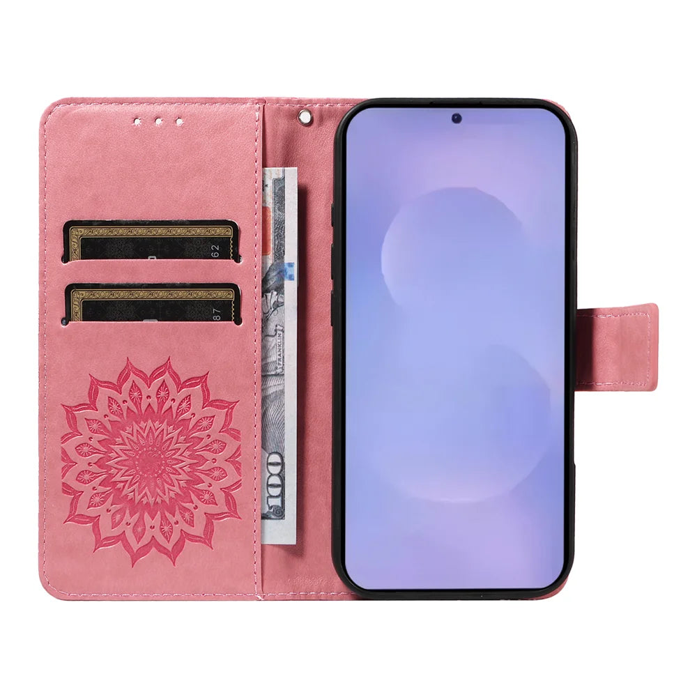For Samsung Galaxy S26+ Leather Wallet Case Sunflower Imprinted Phone Cover - Pink - 2