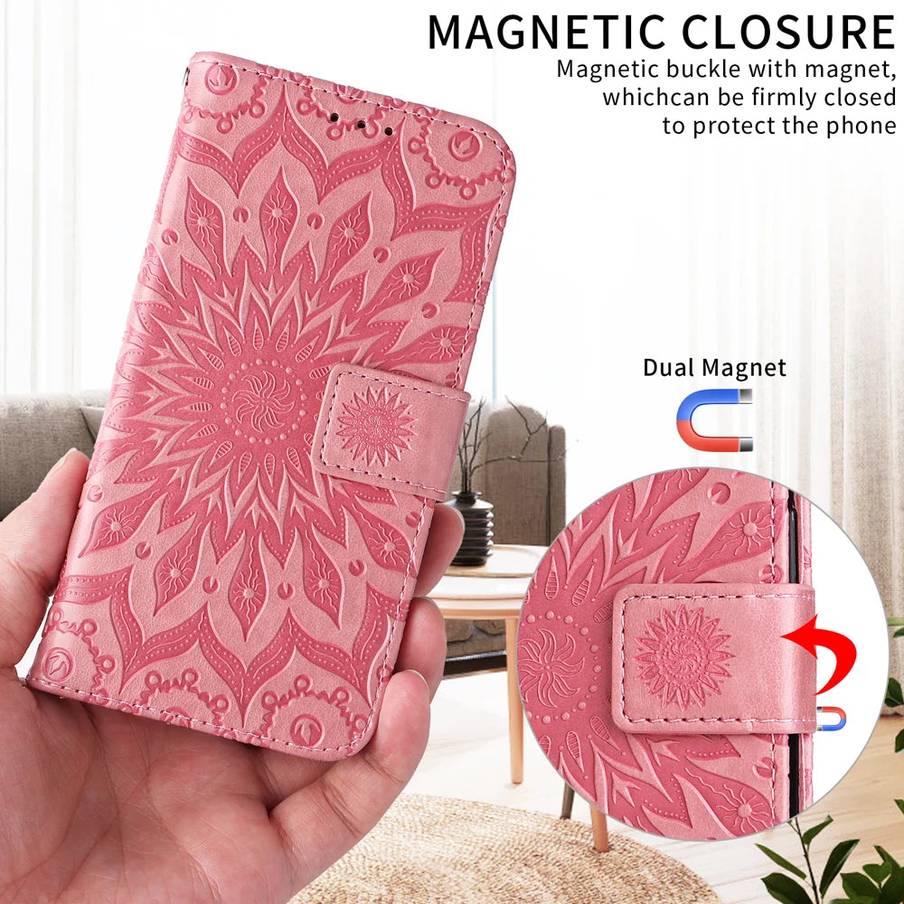 For Samsung Galaxy S26+ Leather Wallet Case Sunflower Imprinted Phone Cover - Pink - 3