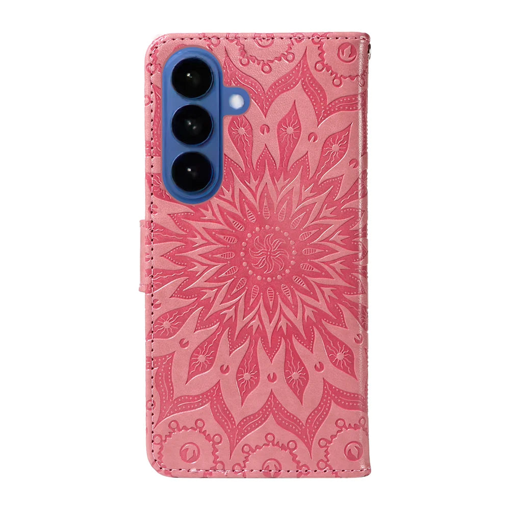 For Samsung Galaxy S26+ Leather Wallet Case Sunflower Imprinted Phone Cover - Pink - 7