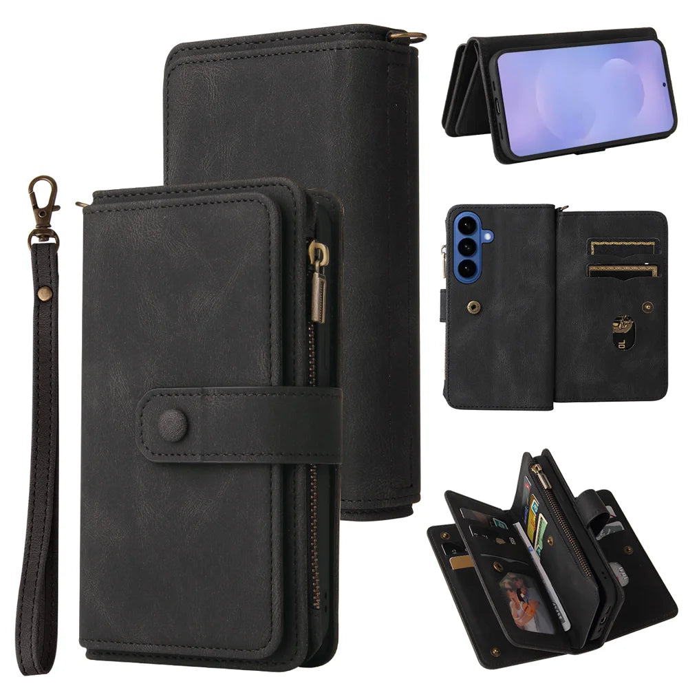 For Samsung Galaxy S26+ Zipper Wallet Case with 15 Card Slots and Strap Leather Phone Cover - Black - 1