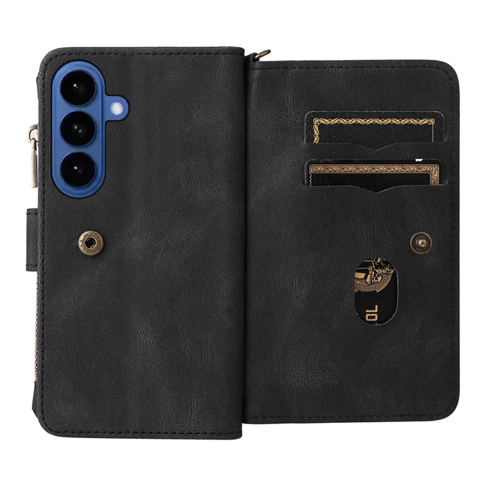 For Samsung Galaxy S26+ Zipper Wallet Case with 15 Card Slots and Strap Leather Phone Cover - Black - 2