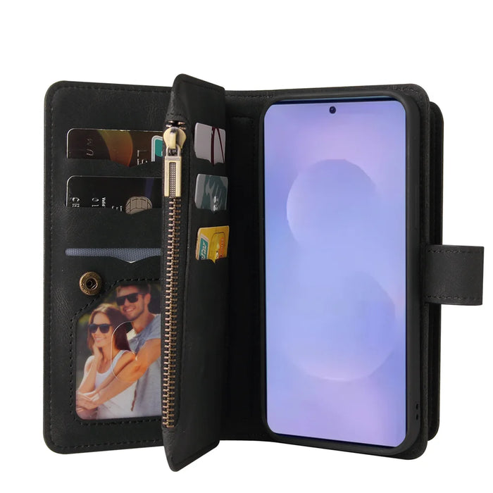 For Samsung Galaxy S26+ Zipper Wallet Case with 15 Card Slots and Strap Leather Phone Cover - Black - 3