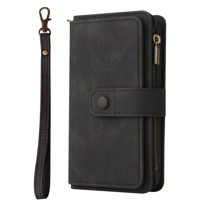 For Samsung Galaxy S26+ Zipper Wallet Case with 15 Card Slots and Strap Leather Phone Cover - Black - 7