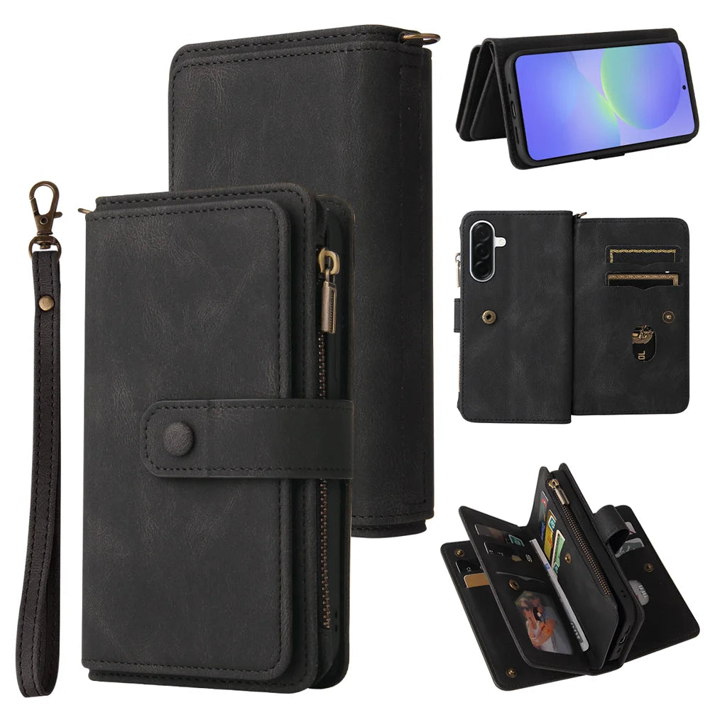 For Samsung Galaxy A37 5G Zipper Wallet Case with 15 Card Slots and Strap Leather Phone Cover - Black - 1