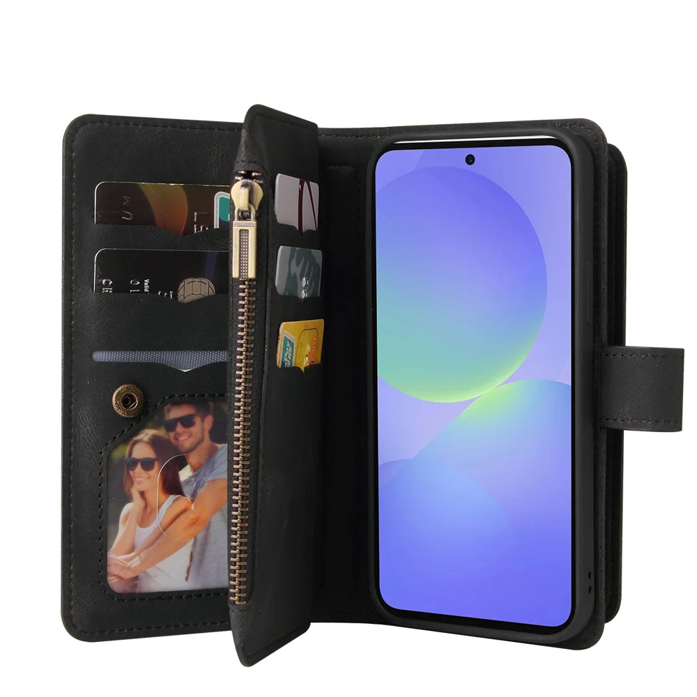 For Samsung Galaxy A37 5G Zipper Wallet Case with 15 Card Slots and Strap Leather Phone Cover - Black - 2